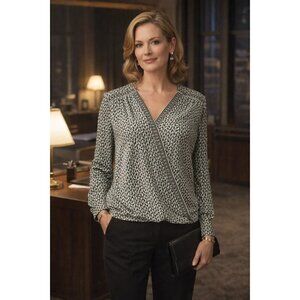 Max Studio Women's Geometric Print Wrap Blouse V-Neck Long Sleeve Medium Green